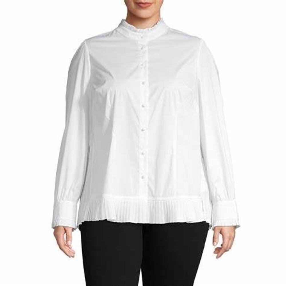 Janie Bryant top Sz 12 mock neck long sleeve button down pleated back A37C
